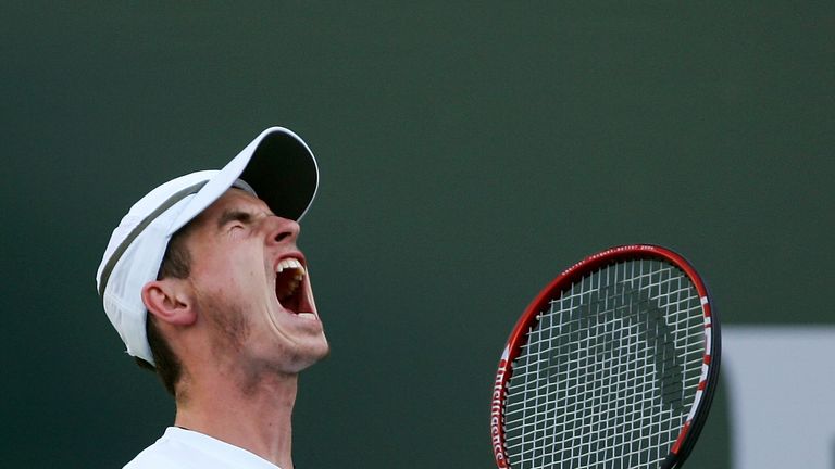 Andy Murray of Great Britain yells after losing a point to Novak Djokovic of Serbia in the semifinals of the Pacific Life Open Indian Wells 2007