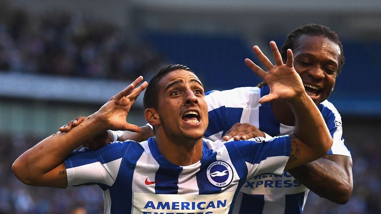 BRIGHTON, ENGLAND - AUGUST 16: Anthony Knockaert of Brighton and Hove Albion celebrates scoring his sides first goal with team mate Gaetan Bong of Brighton