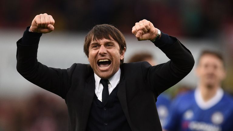 Antonio Conte celebrates Chelsea's win at Stoke