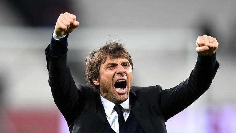 Antonio Conte celebrates at the full-time whistle following Chelsea's 2-1 win over West Ham United