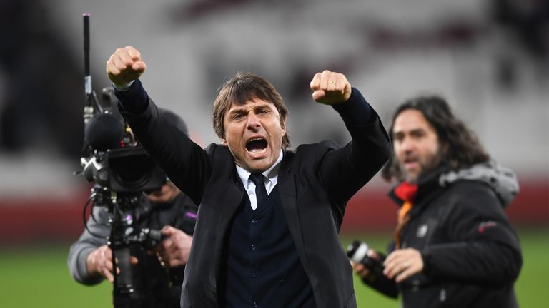 STRATFORD, ENGLAND - MARCH 06:  Antonio Conte, Manager of Chelsea celebrates after the full time whistle following victory in the Premier League match betw