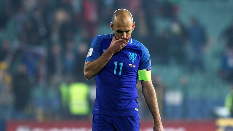 Netherland's forward Arjen Robben reacts after losing  the FIFA World Cup 2018 qualification football match between Bulgaria and Netherland in Sofia on Mar
