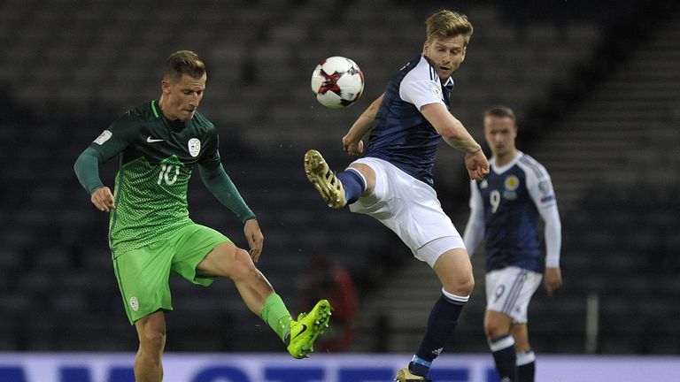 Slovenia's midfielder Valter Birsa (L) vies with Scotland's midfielder Stuart Armstrong