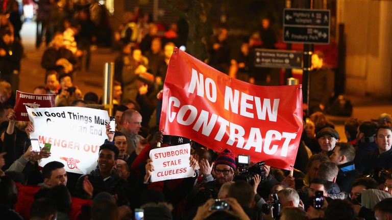 A small group of Arsenal fans marched in protest against Arsene Wenger before kick-off against Bayern Munich