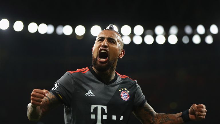 LONDON, ENGLAND - MARCH 07:  Arturo Vidal of Bayern Muenchen celebrates as he scores their fourth goal during the UEFA Champions League Round of 16 second 
