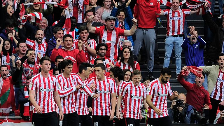 Athletic Bilbao players celebrate Aritz Aduriz's (third left) goal against Real Madrid