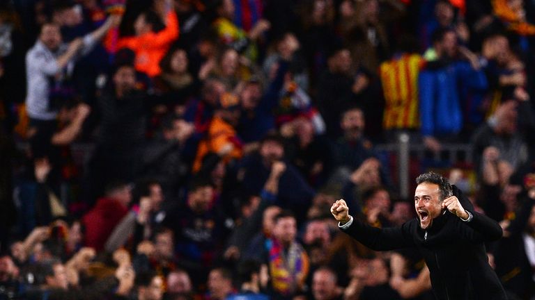 Luis Enrique celebrates the 6-1 victory over PSG in the Champions League round of 16 second leg