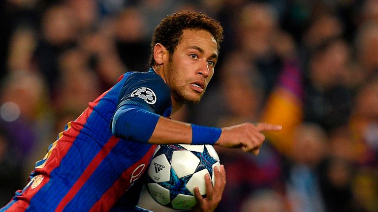 Neymar turns away from goal after netting for Barcelona in their Champions League round of 16, second leg match