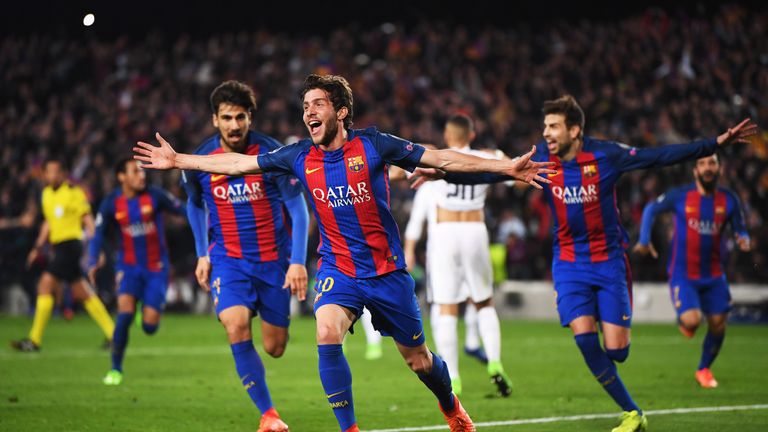 Sergi Roberto of Barcelona (20) celebrates as he scores their sixth goal during the UEFA Champions League Round of 16 second leg v PSG