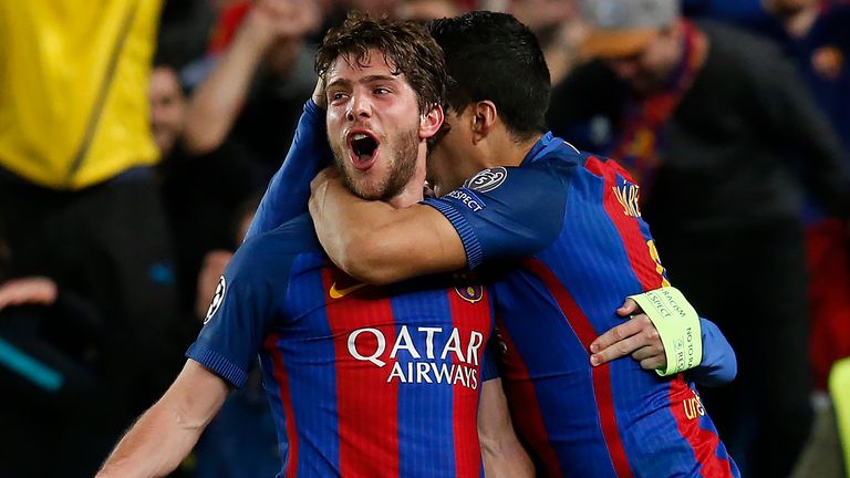 Sergi Roberto celebrates after his late goal sends Barcelona through to the Champions League quarter-final