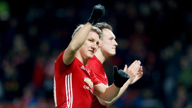 Bastian Schweinsteiger gestures at the final whistle during the EFL Cup, Quarter-Final at Old Trafford