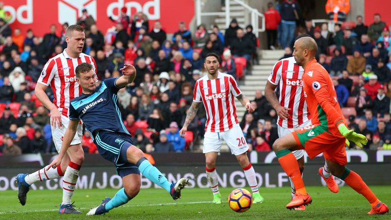 STOKE ON TRENT, ENGLAND - MARCH 04:  Ben Gibson of Middlesbrough (C) scores a goal but it is latter rulled for offside during the Premier League match betw