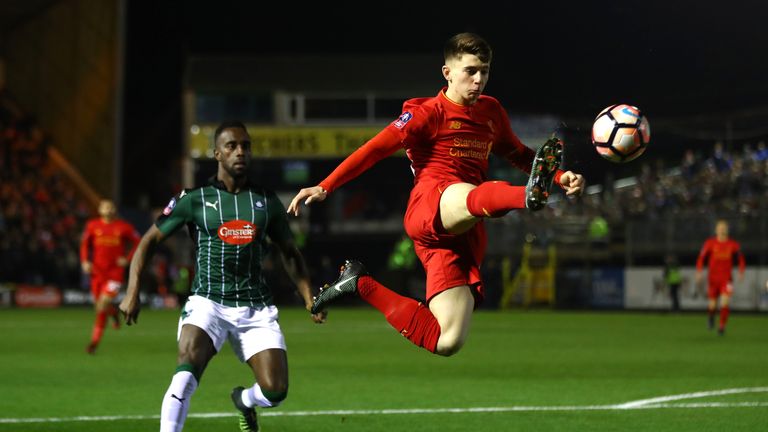PLYMOUTH, ENGLAND - JANUARY 18: Ben Woodburn of Liverpool controls the ball during The Emirates FA Cup Third Round Replay match between Plymouth Argyle and