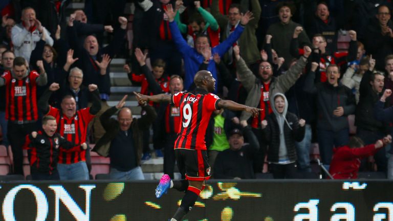 AFC Bournemouth's Benik Afobe celebrates scoring his side's first goal of the game v Swansea during the Premier League match at the Vitality Stadium