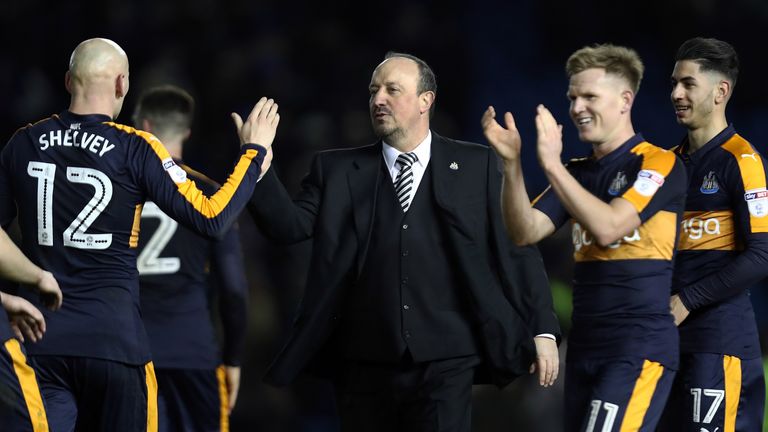 BRIGHTON, ENGLAND - FEBRUARY 28: Rafael Benitez manager of Newcastle United shakes hands with his players after the Sky Bet Championship match between Brig