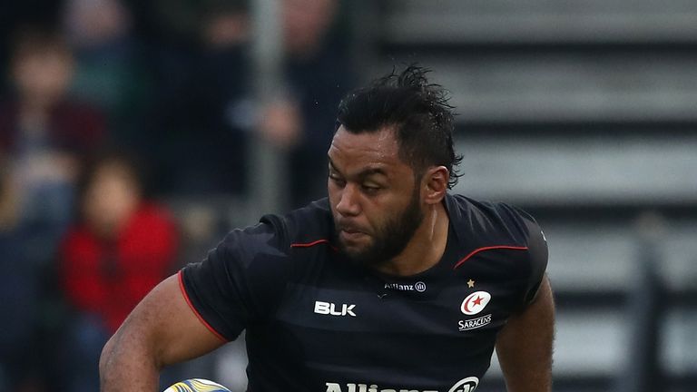 BARNET, ENGLAND - OCTOBER 29:  Billy Vunipola of Saracens is held during the Aviva Premiership match between Saracens and Leicester Tigers at Allianz Park 