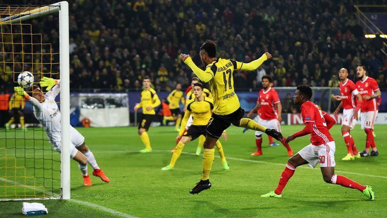 Pierre-Emerick Aubameyang heads in the first goal for Borussia Dortmund against Benfica