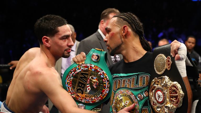 Danny Garcia congratulates  Keith Thurman after losing a split decision against him for the  WBA/WBC Welterweight titles