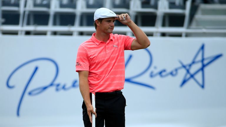 RIO GRANDE, PUERTO RICO - MARCH 24:  Bryson DeChambeau reacts after making his birdie putt on the 18th green during the second round of the Puerto Rico Ope
