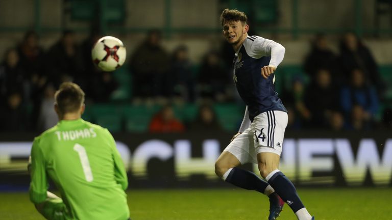 EDINBURGH, SCOTLAND - MARCH 22:  Oliver Burke of Scotland shoots at goal during the International Challenge Match between Scotland and Canada at Easter Roa