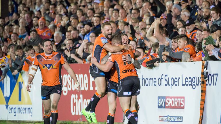 31/03/2017 -Castleford Tigers v Huddersfield Giants - Castleford's Adam Milner is congratulated on scoring a try against Huddersfield by team mates.