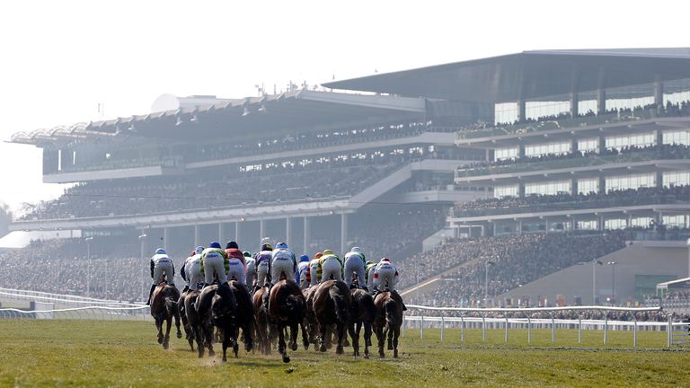 CHELTENHAM, ENGLAND - MARCH 17:   A general view as runners turn into the straight in The Pertemps Network Final clear a hurdle in the country during Chelt