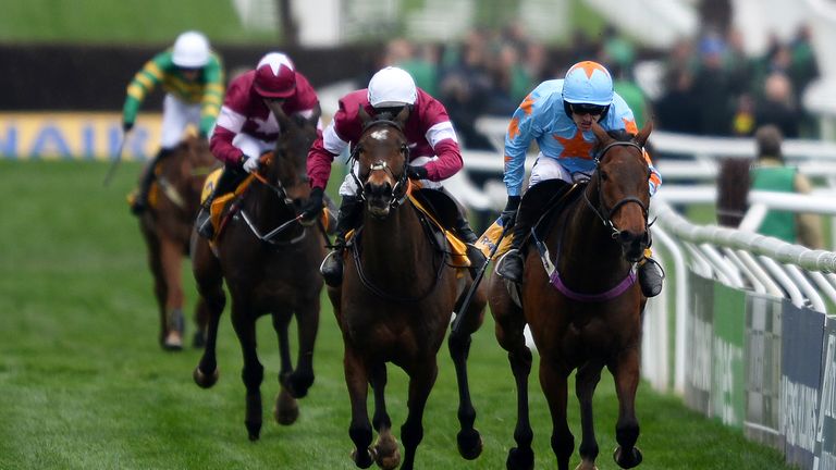 Ruby Walsh on Un De Sceaux crosses the line for victory in the Ryanair Steeple Chase