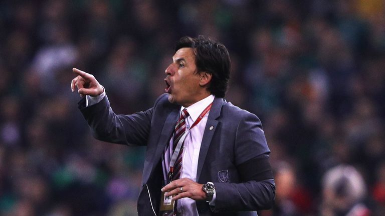 Chris Coleman manager of Wales gives instructions during the FIFA 2018 World Cup Qualifier between Republic of Ireland and Wales