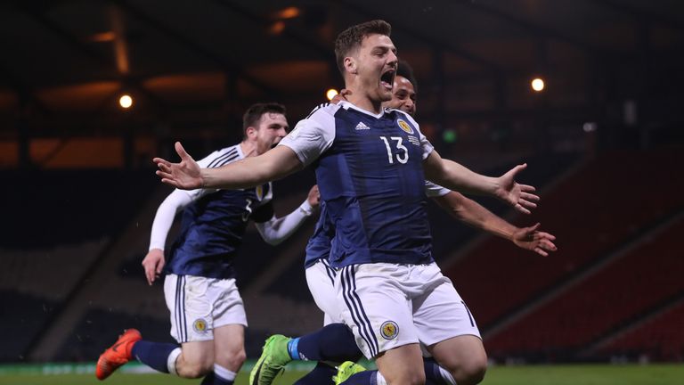 Chris Martin of Scotland celebrates after he scores during the FIFA 2018 World Cup Qualifier between Scotland and Slovenia at