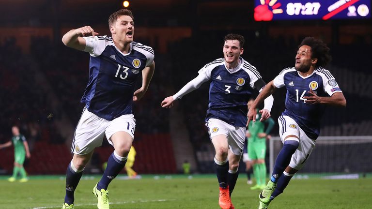Chris Martin celebrates his late winner during the 2018 World Cup Qualifier between Scotland and Slovenia