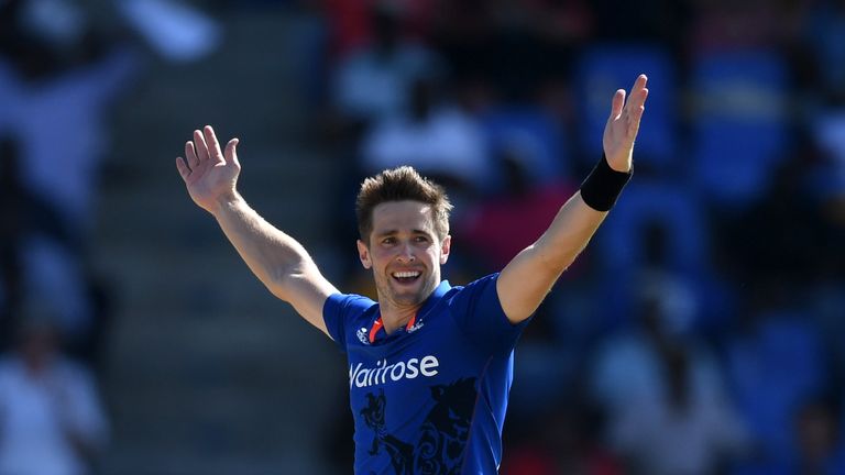 ST JOHNS, ANTIGUA - MARCH 03:  Chris Woakes of England celebrates dismissing Kraigg Brathwaite of the West Indies during the first One Day International be