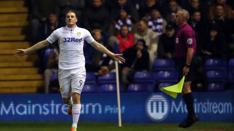 Leeds United's Chris Wood celebrates scoring his side's first goal of the game during the Sky Bet Championship match at St Andrews, Birmingham.