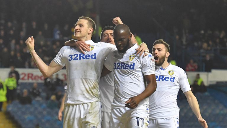 Leeds United's Chris Wood is congratulated on scoring his team's second goal during the Sky Bet Championship match at Elland Road, Leeds.