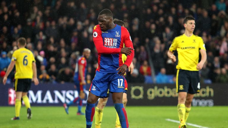 LONDON, ENGLAND - FEBRUARY 25: Christian Benteke of Crystal Palace reacts during the Premier League match between Crystal Palace and Middlesbrough at Selhu