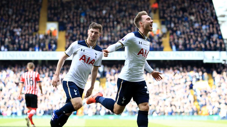 Tottenham Hotspur's Christian Eriksen celebrates scoring his side's first goal of the game during the Premier League match at White Hart Lane, London.