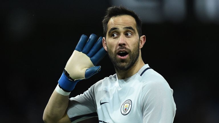 Manchester City's Chilean goalkeeper Claudio Bravo gestures to the Huddersfield fans after Manchester City's Nigerian striker Kelechi Iheanacho scored his 