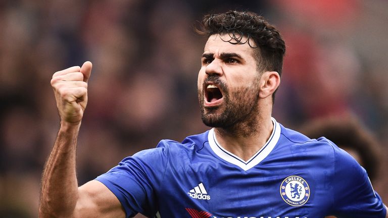 Diego Costa celebrates Chelsea's second goal against Stoke City