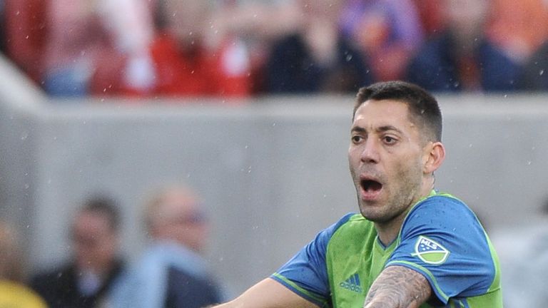 SANDY, UT - MARCH 12: Clint Dempsey #2 of Seattle Sounders FC questions a call in the game against Real Salt Lake at Rio Tinto Stadium on March 12, 2016 in
