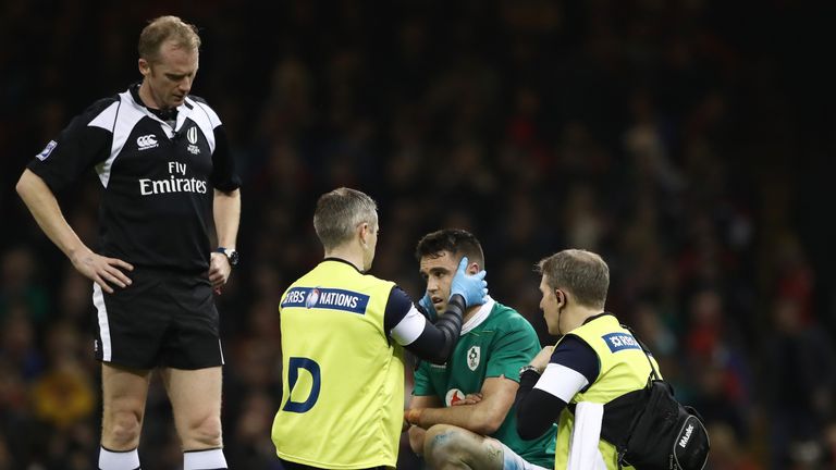 CARDIFF, WALES - MARCH 10:  Conor Murray of Ireland is given treatment during the Six Nations match between Wales and Ireland at the Principality Stadium o