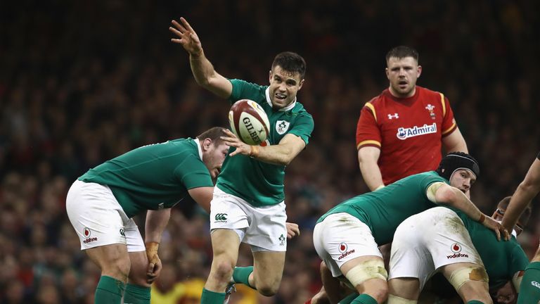 CARDIFF, WALES - MARCH 10:  Conor Murray of Ireland passes the ball out during the Six Nations match between Wales and Ireland at the Principality Stadium 