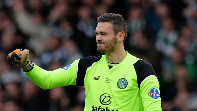 GLASGOW, SCOTLAND - NOVEMBER 27: Craig Gordon of Celtic reacts to their opening goal of the game during the Betfred Cup Final between Aberdeen FC and Celti