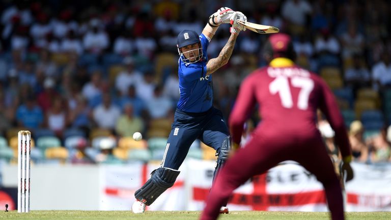 Alex Hales of England bats during the 3rd One Day International between the West Indies and England at Kensington Oval