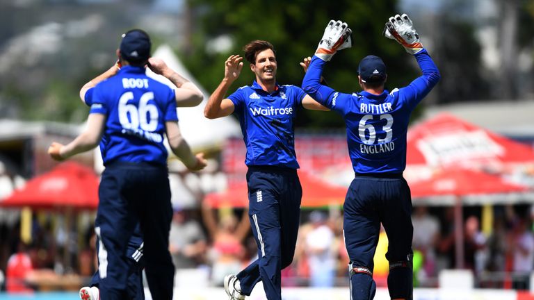 Steven Finn of England celebrates dismissing Kieran Powell of the West Indies during the 3rd One Day International in Barbados