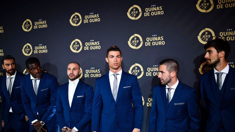 Cristiano Ronaldo (C) with Portugal team-mates at the Lisbon ceremony