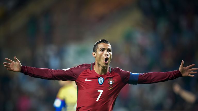 Portugal's forward Cristiano Ronaldo celebrates after scoring a goal during the WC 2018 football qualification match between Portugal and Andorra at the Mu