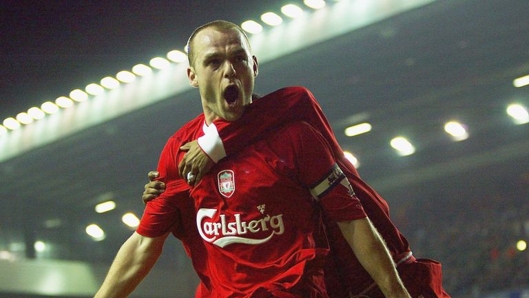 LIVERPOOL, ENGLAND - DECEMBER 3:  Danny Murphy of Liverpool celebrates after scoring the equalising goal during the Carling Cup fourth round match between 