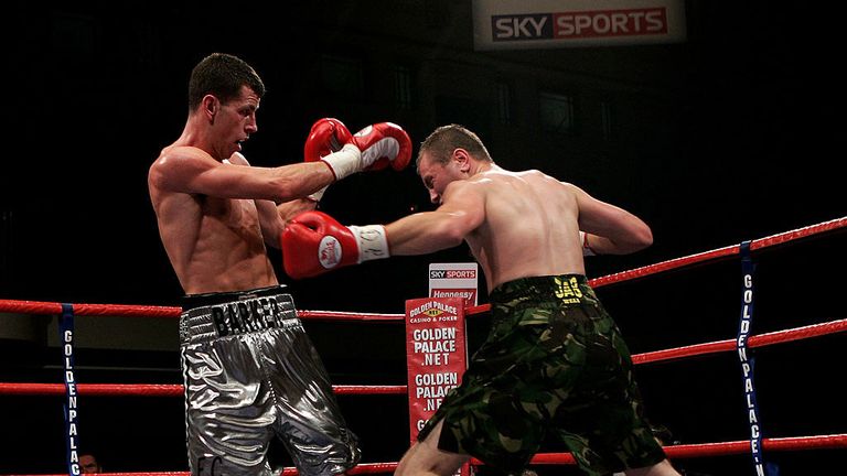 Action between Darren Barker (L) and Ben Crampton (R) for the vacant Commonwealth Middleweight title on November 14, 2007 