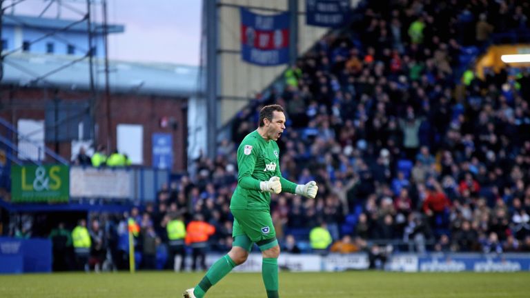 PORTSMOUTH, ENGLAND - JANUARY 14: David Forde of Portsmouth celebrates his team's second goal during the Sky Bet League Two match between Portsmouth and Le