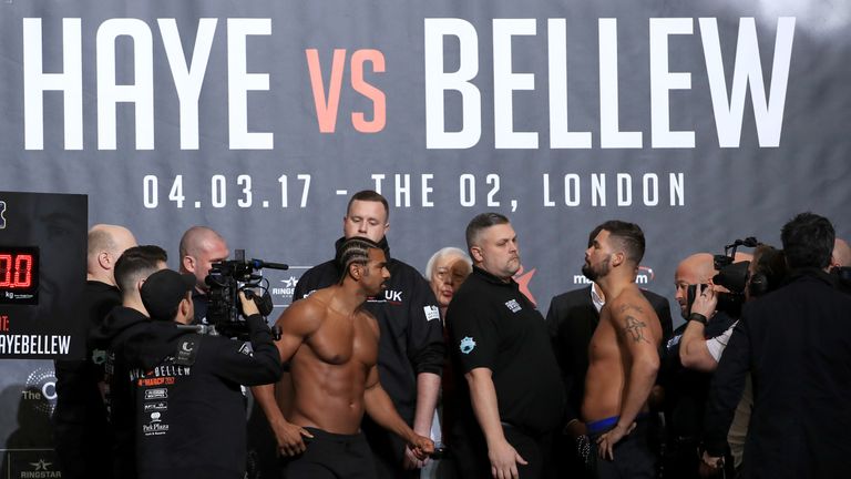 David Haye (left) and Tony Bellew (right) during the weigh-in at The O2, London