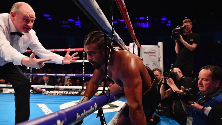 LONDON, ENGLAND - MARCH 04:  David Haye falls through the ropes during his Heavyweight contest against Tony Bellew at The O2 Arena on March 4, 2017 in Lond